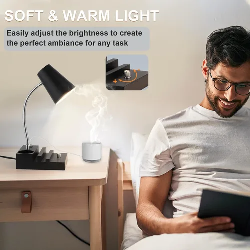Miniatura 5 de LALISU Lámpara de escritorio de estudio con carga USB y luz nocturna tipo C, lámpara de mesa LED de cuello de cisne, lámpara de mesa de estudio