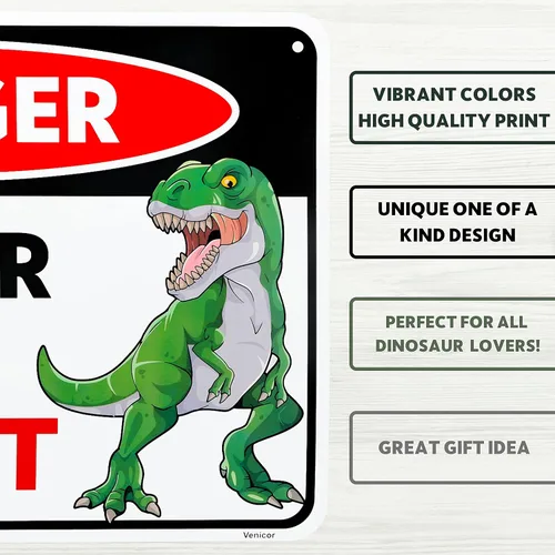 Miniatura 3 de Venicor Letrero de dinosaurio – 8 x 12 pulgadas – Aluminio – Decoración de habitación de dinosaurios para niños – Decoración de dinosaurio T Rex