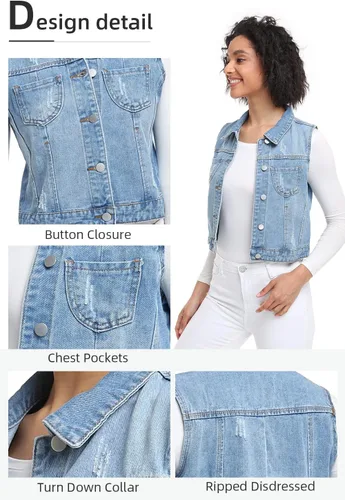 Miniatura 5 de Xeoxarel Chaleco de mezclilla para mujer, chaqueta vaquera sin mangas (XS-XXL)