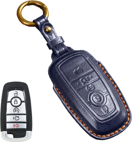 Miniatura 9 de Funda de cuero para llave de auto para Ford F-150 Mustang, llave inteligente con mando a distancia, funda de 5 botones, color negro