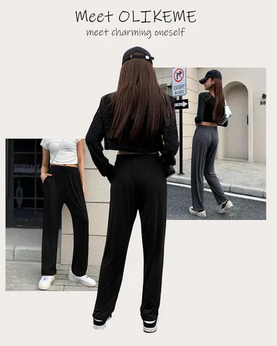 Miniatura 2 de OLIKEME Pantalones de descanso con bolsillos para mujer, ligeros, con cordón, holgados, cómodos, suaves, elásticos, de pierna recta, pantalones