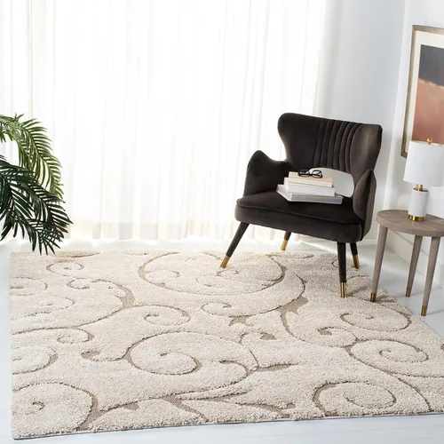 SAFAVIEH - Alfombra de la colección Florida Shag - 4 pies cuadrados, color crema y beige, diseño de scroll, no pierde pelo y fácil de limpiar, pelo