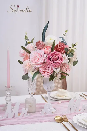 Miniatura 5 de Serwalin - Flores artificiales de color rosa primaverales, rosas de seda, flores falsas para bricolaje, ramos de novia, ramos de boda, flores para A