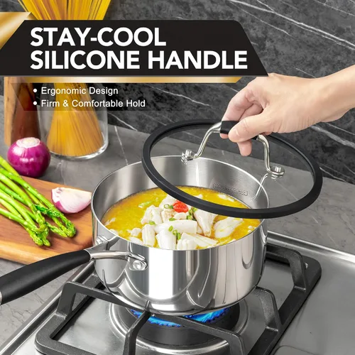 Miniatura 5 de MICHELANGELO Juego de cacerolas de acero inoxidable triple con tapa colador, olla de salsa resistente con tapa, olla de salsa multiusos compatible
