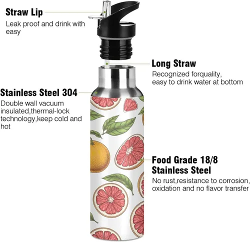 Miniatura 3 de Grapefruit Fruits Stainless Steel Vacuum Insulated Water Bottle 32 Oz Leakproof Water Bottles, BPA-Free Sports Water Bottle with Straw