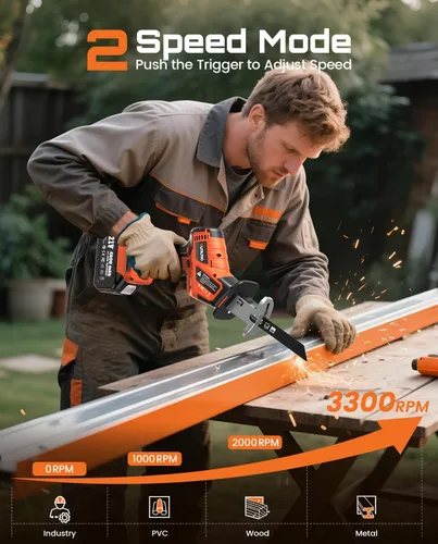 Miniatura 5 de Sierra recíproca inalámbrica con 8 hojas - 2 baterías de 4000 mAh, motor sin escobillas, velocidad variable 0-3200 SPM, cambio de hoja sin Naranja