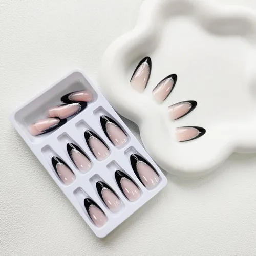 Miniatura 5 de Uñas postizas a presión con punta francesa, uñas postizas de almendra, cobertura completa, uñas artificiales brillantes, uñas acrílicas medianas