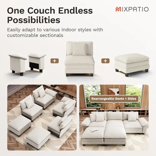 Miniatura 6 de MIXPATIO - Sofá seccional en forma de U de 123 pulgadas con cojines tipo nube, juego de sofá modular de asiento profundo con 5 asientos y 2 Beige