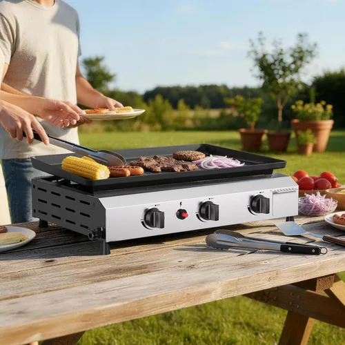 Miniatura 2 de Parrilla de gas para barbacoa de 3 quemadores, 25.6 pulgadas de acero inoxidable portátil a propano, parrilla plana de 30,000 BTU para acampar