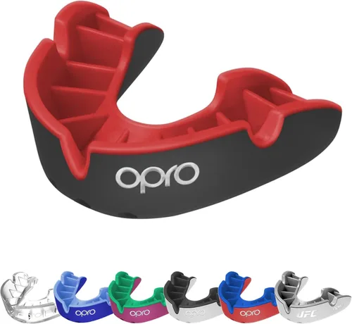 OPRO Protector bucal moldeable de nivel plateado, ajuste esencial (negro/rojo) para niños y jóvenes, protector bucal de boxeo para artes marciales