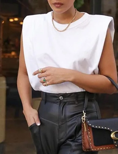 Miniatura 2 de Meladyan Camiseta sin mangas de algodón sólido con hombros acolchados para mujer, cuello redondo, holgada, sin mangas