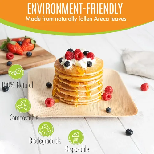Miniatura 5 de Raj Eco Platos compostables de hoja de palma como platos de bambú desechables – 8 pulgadas cuadrados 50 platos de fiesta, de madera natural