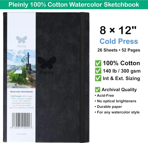 Miniatura 2 de Pleinly Cuaderno de bocetos de acuarela 100% algodón, prensa en frío, 8 x 12 pulgadas, grande, 140 libras (10.58 oz/m²), 26 hojas de retrato, papel