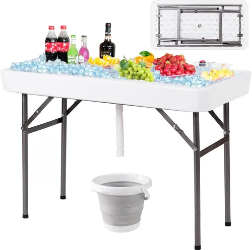 Miniatura 12 de Giantex Mesa enfriadora de hielo plegable, mesa de barra fría para exteriores de 46 pulgadas con drenaje, cubo plegable y falda extraíble a juego