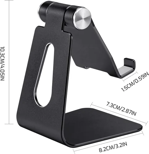 Miniatura 2 de Soporte plegable negro para teléfono celular de aleación de aluminio, soporte de teléfono de metal de mesa con ángulo ajustable por eje giratorio
