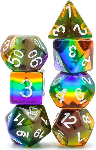 Miniatura 5 de Cusdie Juego de dados poliédricos DND de 7 troqueles arcoíris para juegos de rol (arco iris-transparente)