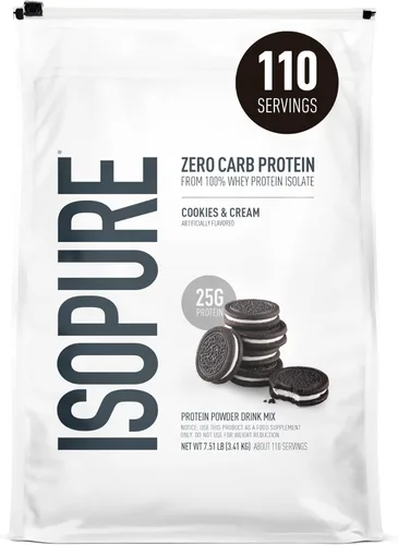 Isopure Zero Carb 100% Proteína Pura de Suero Aislado en Polvo, Libre de Lactosa, Libre de Gluten, con Vitaminas, Galletas y Crema, 11.3 oz (25 g)