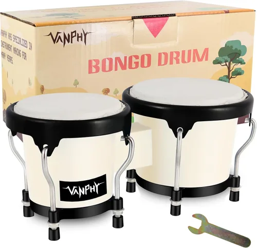 Miniatura 9 de Juego de Bongós de 4'' y 5'' para Adultos Principiantes, Bongós Naturales Afinables, Instrumentos de Percusión con Llave de Afinación y Caja