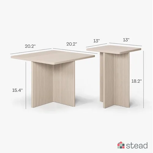 Miniatura 9 de Stead Juego de mesa auxiliar cuadrada anidable, mesa central con base de roble acanalado para sala de estar, juego de conjunto de chapa de grano