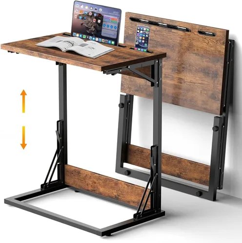 Miniatura 13 de Mesa plegable para TV, mesa de cena de TV, bandejas de TV de altura ajustable para comer en el sofá, mesa auxiliar en forma de C con ranuras