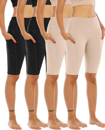 Miniatura 9 de WHOUARE Paquete de 4 pantalones cortos de yoga con bolsillos para mujer, cintura alta, atléticos, correr, entrenamiento, gimnasio, control de abdomen