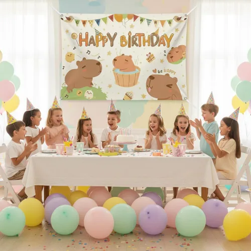 Miniatura 2 de Capybara - Telón de fondo de cumpleaños de 6 x 3.6 pies – Cartel grande de poliéster divertido para decoración de fiesta con ojales de metal y cinta