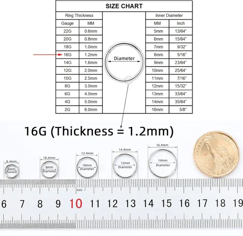 Miniatura 3 de RocJMWJ Anillos de nariz con bisagras de acero quirúrgico 20G 18G 16G 14G diámetro 0236in 0276in 0315in 0354in 0394in 0472in 0551in negro - plata