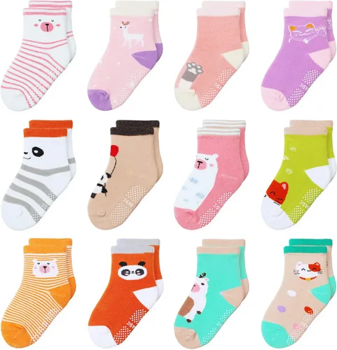 Miniatura 20 de 12 paquetes de calcetines antideslizantes para niños y bebés con agarre para niños de 1-7 años, calcetines de algodón de tripa para niños y niñas