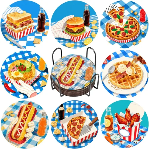 Miniatura 15 de DOTZSO Juego de 8 posavasos de arte de diamante con soporte, kits de arte de diamantes para adultos principiantes, pequeños posavasos de pintura