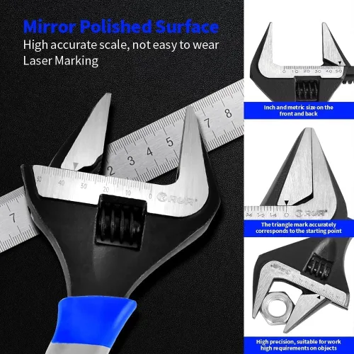 Miniatura 3 de Llave ajustable de mandíbula de 8 pulgadas de ancho, llave de media luna de boca ancha para plomería y tareas de bricolaje, escala métrica doble