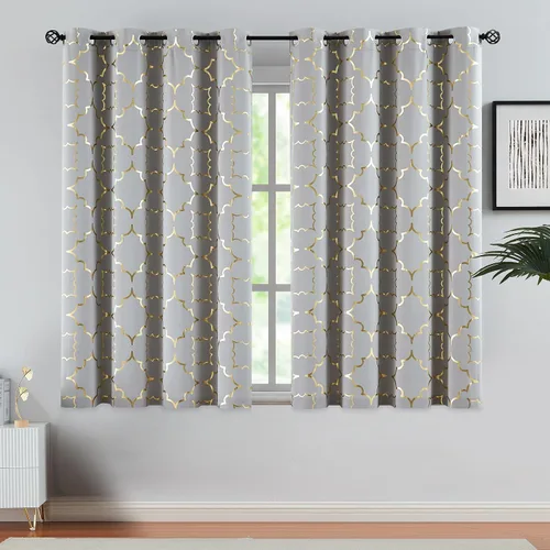 Miniatura 18 de Purainbow Cortinas opacas beige para dormitorio, sala de estar con paneles de impresión de lámina dorada, oscurecimiento de la habitación