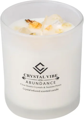 Vela perfumada de jazmín Crystal Vibe con cristales de cuarzo claro y pétalos de jazmín para aromaterapia y meditación - Atrae abundancia - Vela de