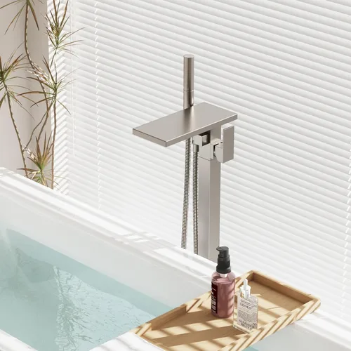 Miniatura 2 de Hoimpro Grifo de bañera de montaje en el suelo, relleno de bañera de cascada independiente, níquel cepillado de un solo mango, grifos de ducha