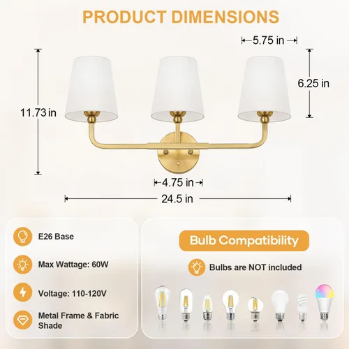 Miniatura 6 de MOKATNG Lámparas de baño, 3 luces doradas cepilladas, accesorios de iluminación de baño sobre espejo con pantalla de tela blanca acampanada