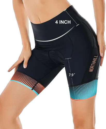 Miniatura 7 de NORTHHILL Pantalones cortos de ciclismo acolchados para mujer, pantalones cortos de ciclismo de cintura alta con forro 4D acolchado de gel Spin