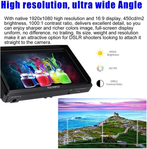 Miniatura 3 de FEELWORLD FW568 V3 Monitor de campo en cámara de 6 pulgadas, LUT 3D, para cámara DSLR, 1920x1080, entrada y salida HDMI, Full HD, brazo inclinable