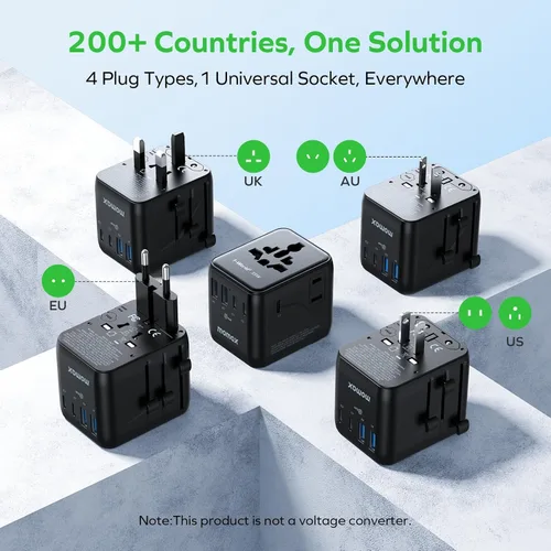 Miniatura 4 de MOMAX Adaptador de viaje universal 7 en 1, adaptador de enchufe de viaje europeo todo en uno con 3 USB-C PD y 2 USB-A QC y 2AC, adaptador de Negro