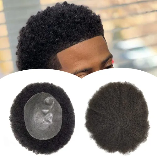 Miniatura 14 de Unidades de cabello afro para hombre, tupé, meave, afro tupé para hombre, sistema de reemplazo de cabello humano rizado, postizo de 0.787 in, 1#