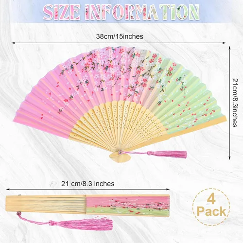 Miniatura 2 de Aneco 4 ventiladores plegables de mano, abanicos de tela de seda, abanicos de mano para bodas, fiestas, regalos, decoración de pared