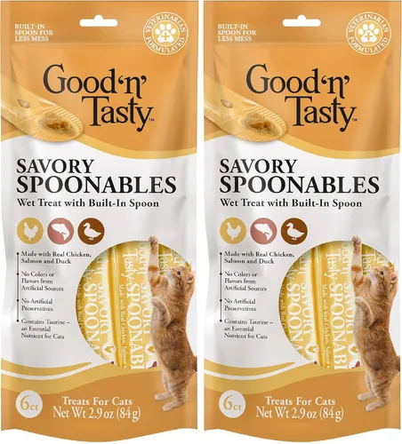 Miniatura 17 de Good 'n' Tasty Cucharas sabrosas con pato real, carne de res y conejo, tubo de 6 unidades, golosinas húmedas exprimibles de triple sabor para gatos