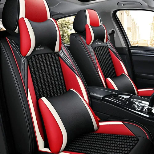 Miniatura 2 de Juego completo de fundas de asiento de automóvil de lujo adecuadas para Sandero Stepway Ice Silk Weaving y asiento de cuero, juego completo de 5 Rojo