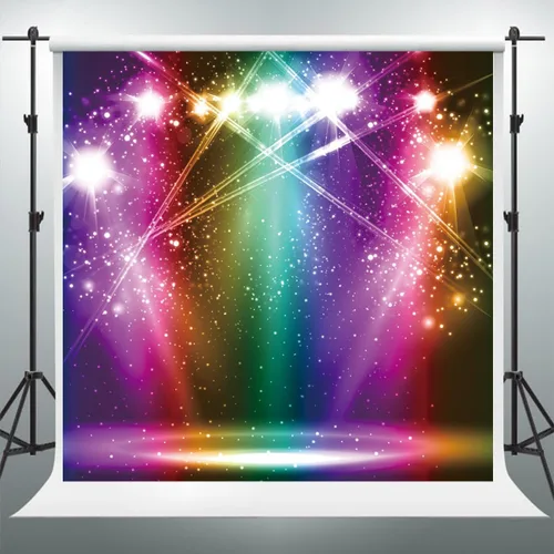 Miniatura 2 de YongFoto Telón de fondo de escenario de color arcoíris de 5 x 5 pies, purpurina brillante, morado, rosa, naranja, verde, luz de punto