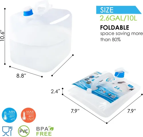 Miniatura 2 de Contenedor de agua plegable con grifo, 2×2.6 galones libre de BPA, jarra portadora de almacenamiento de agua para acampar para exteriores
