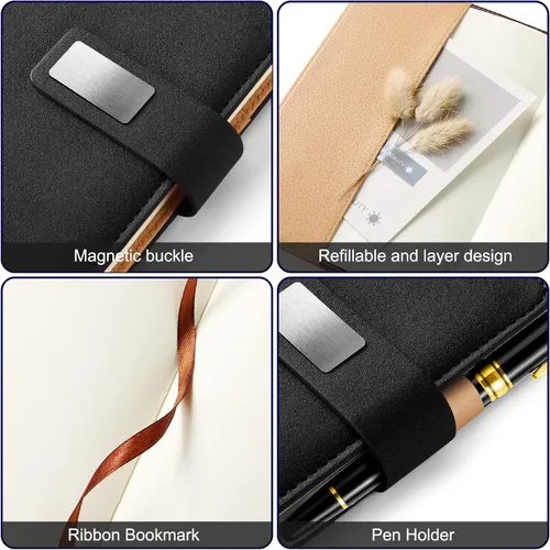 Miniatura 5 de Cuaderno A5 en blanco, cuaderno de bocetos de cuero de tapa dura recargable con bolsillo y hebilla magnética, 240 páginas gruesas de viaje para Negro