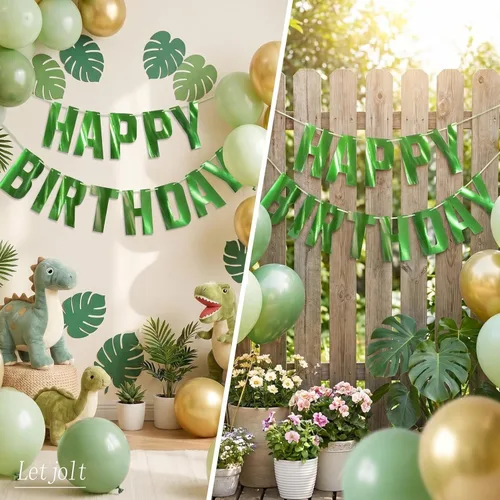 Miniatura 5 de Letjolt Cartel verde de feliz cumpleaños con temática de vegetación decoración de fiesta guirnalda suministros para cumpleaños guardería decoración