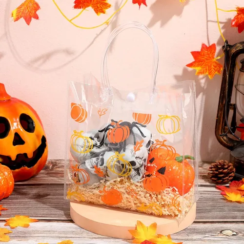 Miniatura 5 de Aliceset 12 bolsas de regalo transparentes de otoño con asa, bolsa de regalo de calabaza naranja para otoño, vacaciones, Halloween, Acción