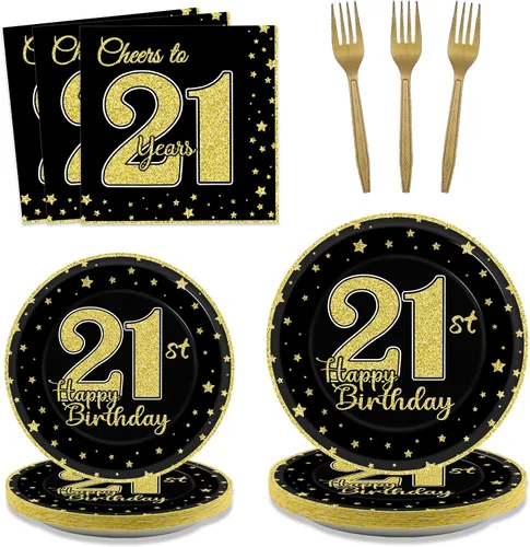 200 piezas de suministros para fiesta de cumpleaños de 21 años, platos de papel negro dorado, Brindis por 21 años, platos de papel y servilletas,