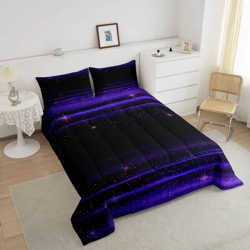 Miniatura 2 de Erosebridal Juego de edredón de rayas geométricas, tamaño matrimonial, color morado y negro, degradado acuarela, degradado, estrellas, galaxia