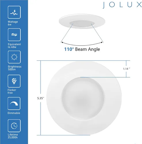 Miniatura 7 de Jolux Luz LED ajustable de 4 pulgadas 5CCT para remodelación, 2700K-5000K CCT seleccionable, 6W = 40W 500LM, base E26 regulable, borde biselado