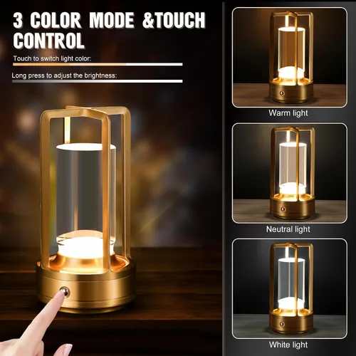 Miniatura 2 de Lámpara de mesa portátil de metal, lámpara de mesa inalámbrica, luces recargables alimentadas por batería, lámparas de mesa LED, atenuación continua